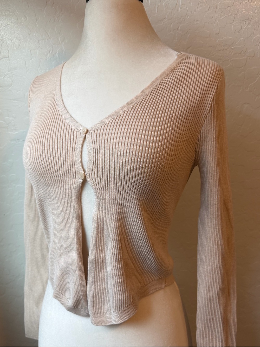 Pink Rose Beige Ribbed V-Neck Button Down 2-piece Set